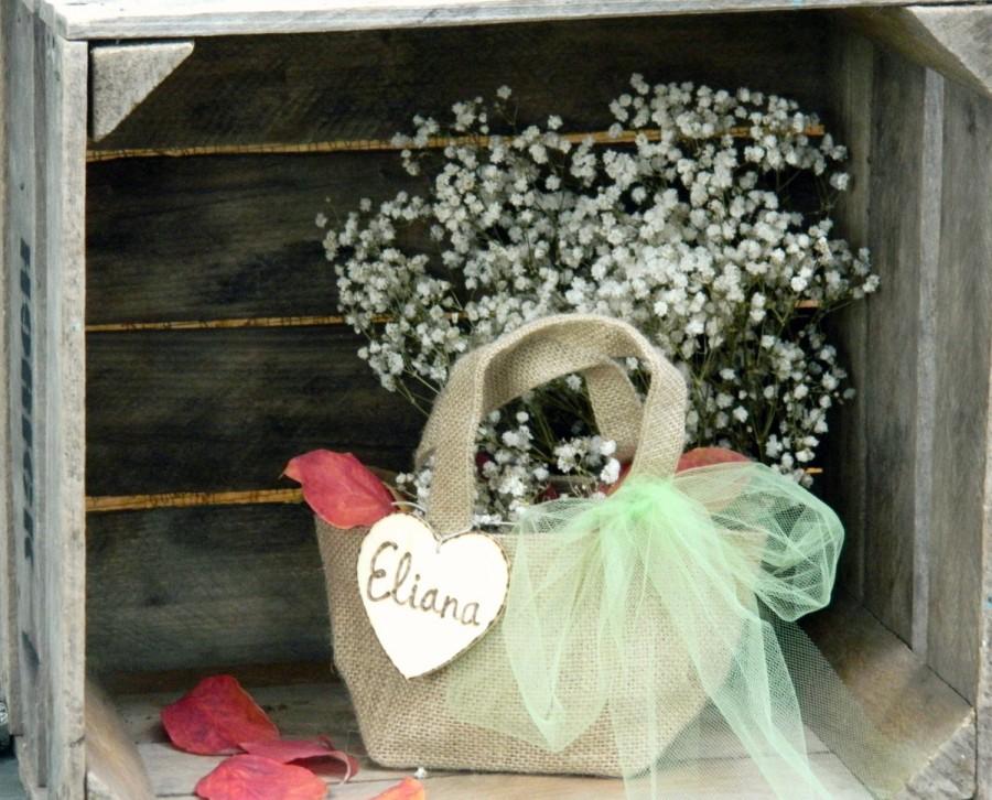 Свадьба - Autumn wedding flower girl bag small tiny personalization name country wedding light green color