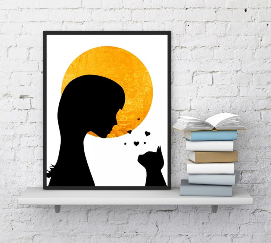 Hochzeit - Cat digital print, Moon print, woman silhouette, Cat printable, Moon printable, Cat lovers gift, Moon painting, Pet art, InstantDownloadArt1