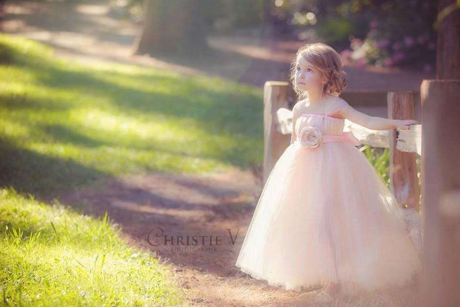 Hochzeit - Pink Blush Flower Girl Tutu Dress with Flower Sash