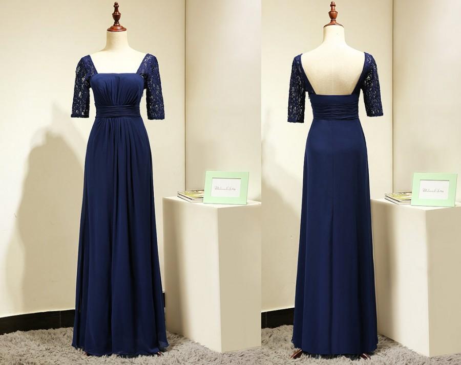 Hochzeit - Navy Blue Bridesmaid Dress with Sleeves  Long Chiffon Elegant Evening Dress Lace Short Sleeves Formal Gown Prom Dress