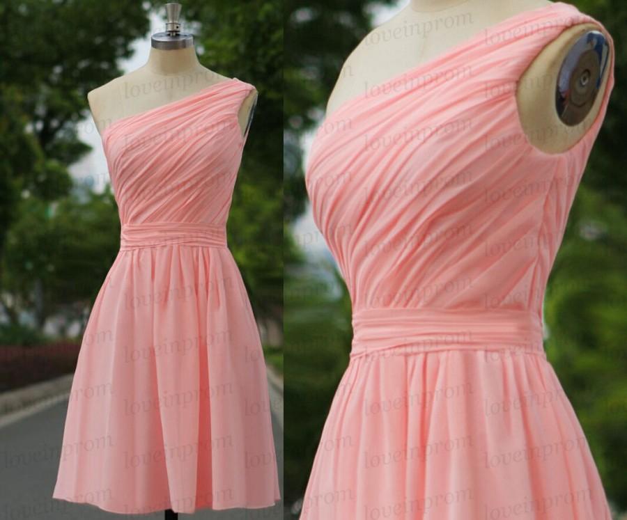 Mariage - Pink bridesmaid dress,short pink wedding party dress,handmade chiffon bridesmaid dress,one shoulder prom dress/party dress