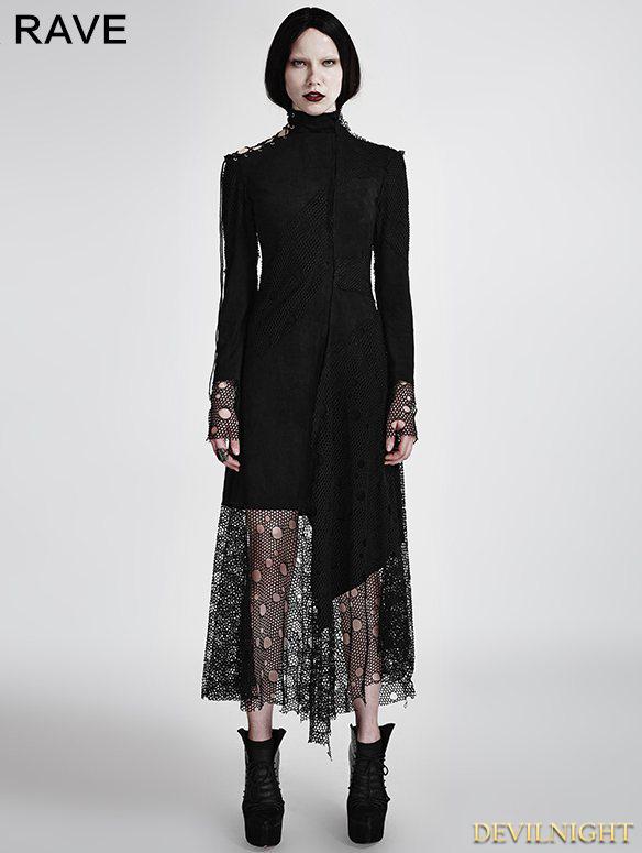 Hochzeit - Black Gothic Asymmetric Punk Mesh Stitching Dress
