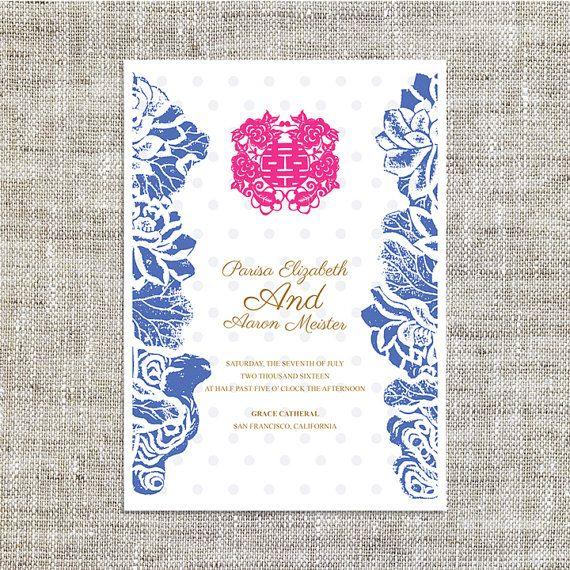 زفاف - DIY Printable Chinese Wedding / Celebration Invitation Card Template Instant Download_Blue Lotus Chinese Wedding Painting 喜喜Double Happiness