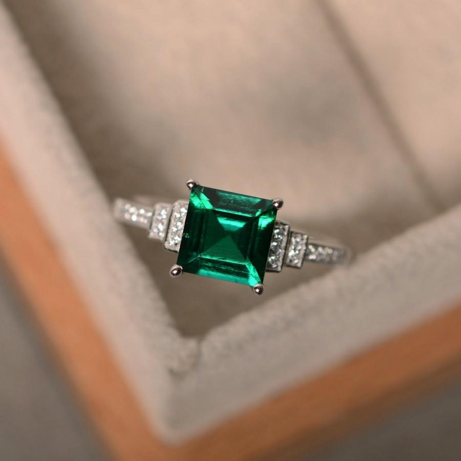 Mariage - Lab created emerald ring, sterling silver, square cut engagement ring, May birthstone ring, promise ring
