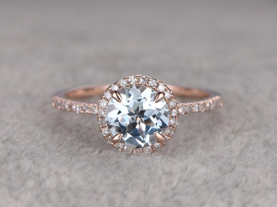 زفاف - Round 7mm Aquamarine Engagement ring,Diamond wedding band,14K Rose Gold,Blue Gemstone Promise Ring,Bridal Ring,Claw Prongs,Halo,anniversary