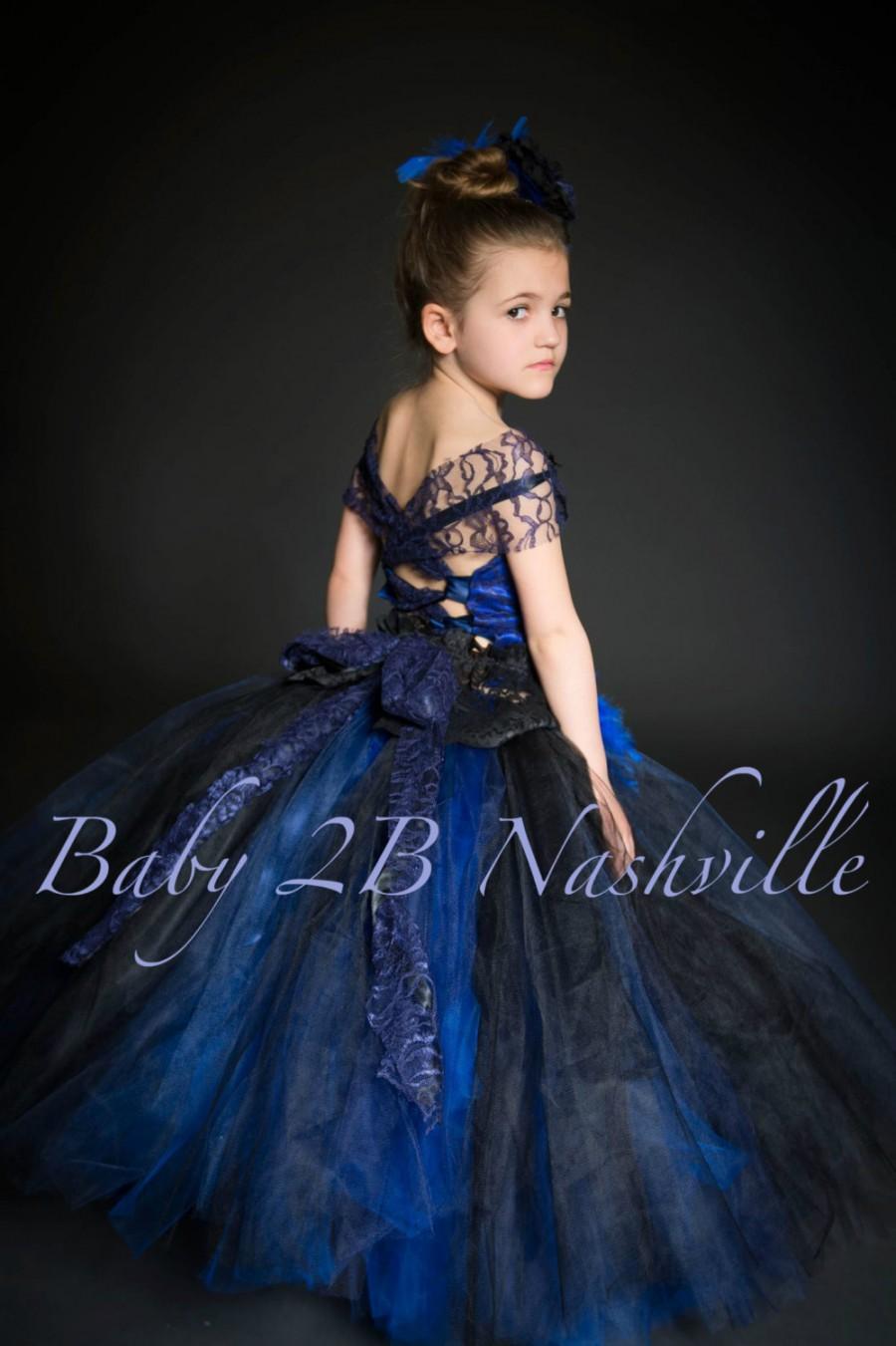 Mariage - Royal Blue Flower Girl Dress Navy Lace Dress Tulle Tutu Dress  All Sizes Girls