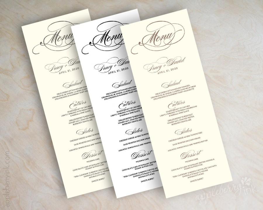 Mariage - Wedding menu card, printable wedding menu, diy wedding menu, wedding reception menus, tower menu, tea length menu, long menu, plain, Script