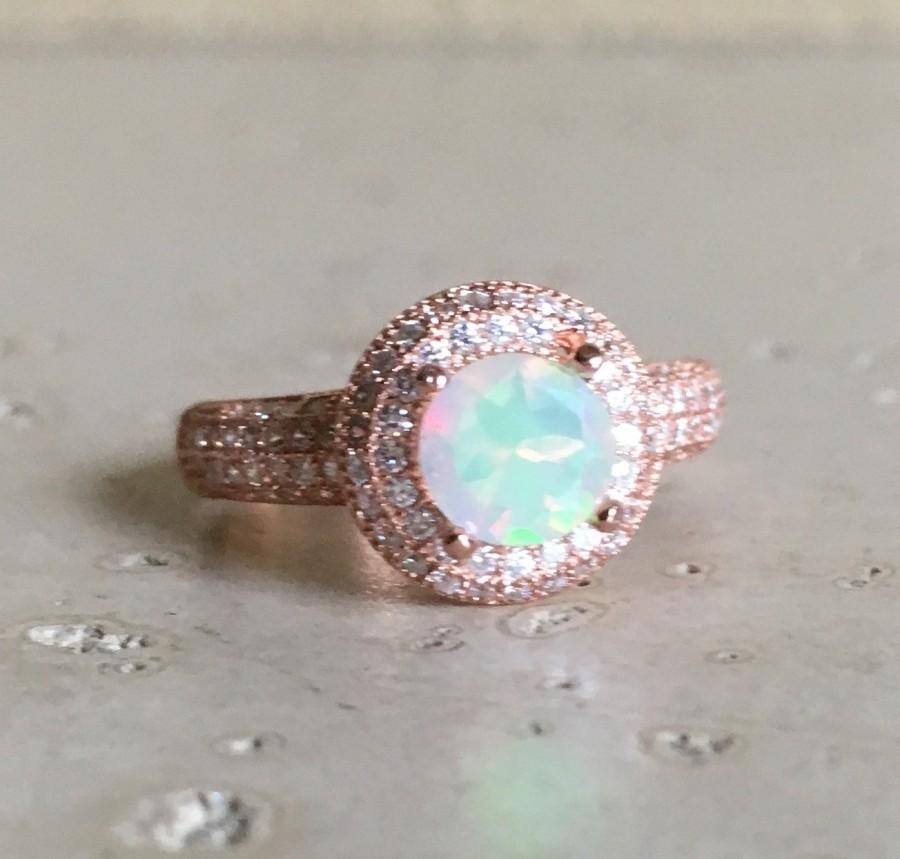 زفاف - Double Halo Opal Engagement Ring- Halo Ring- Promise Ring- Round Stone Ring- Anniversary Ring- Gemstone Ring- Ring- October Birthstone Ring