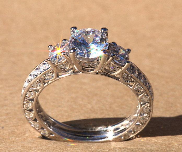 Hochzeit - Diamond Engagement Ring - VINTAGE style - 1.85 carat Round - 14K white gold - Luxury- Brides- Engagement -bp006