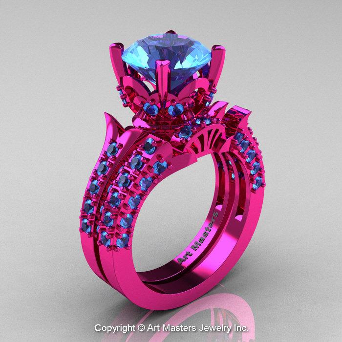 Wedding - Exclusive French 14K Fuchsia Pink Gold 3.0 Ct Blue Topaz Solitaire Wedding Ring Wedding Band Set R401S-14KFPGBT