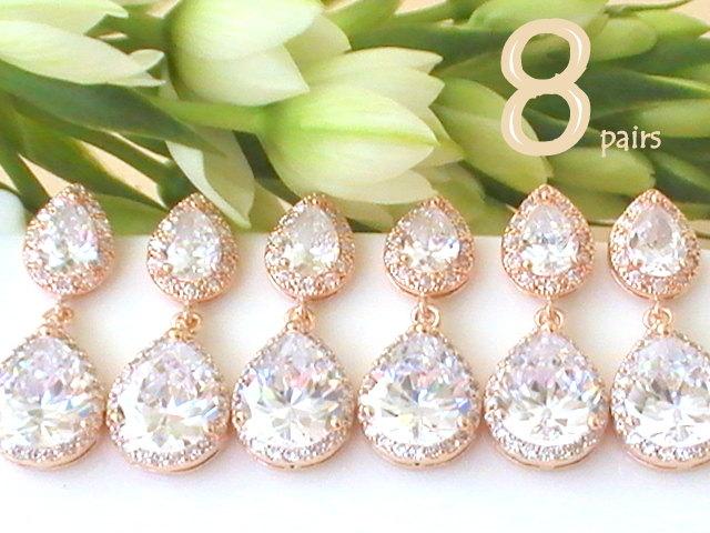 Свадьба - Unique Bridesmaid Gift Ideas Set Of 8 15% Off, Maid of Honor Gift for Bridal Shower Gift for Bridesmaids Jewelry, CZ Drop Rose Gold Earring