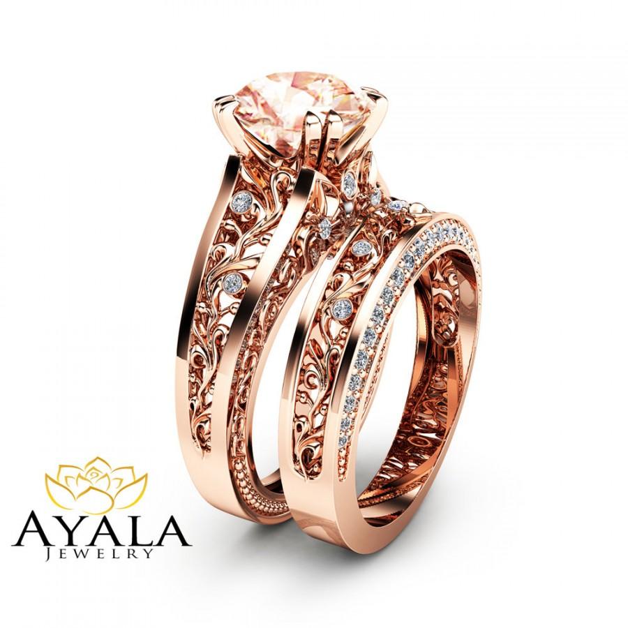 زفاف - Rose Gold Morganite Engagement Ring Set Unique 2 Carat Morganite Ring with Matching Band 14K Rose Gold Engagement Rings