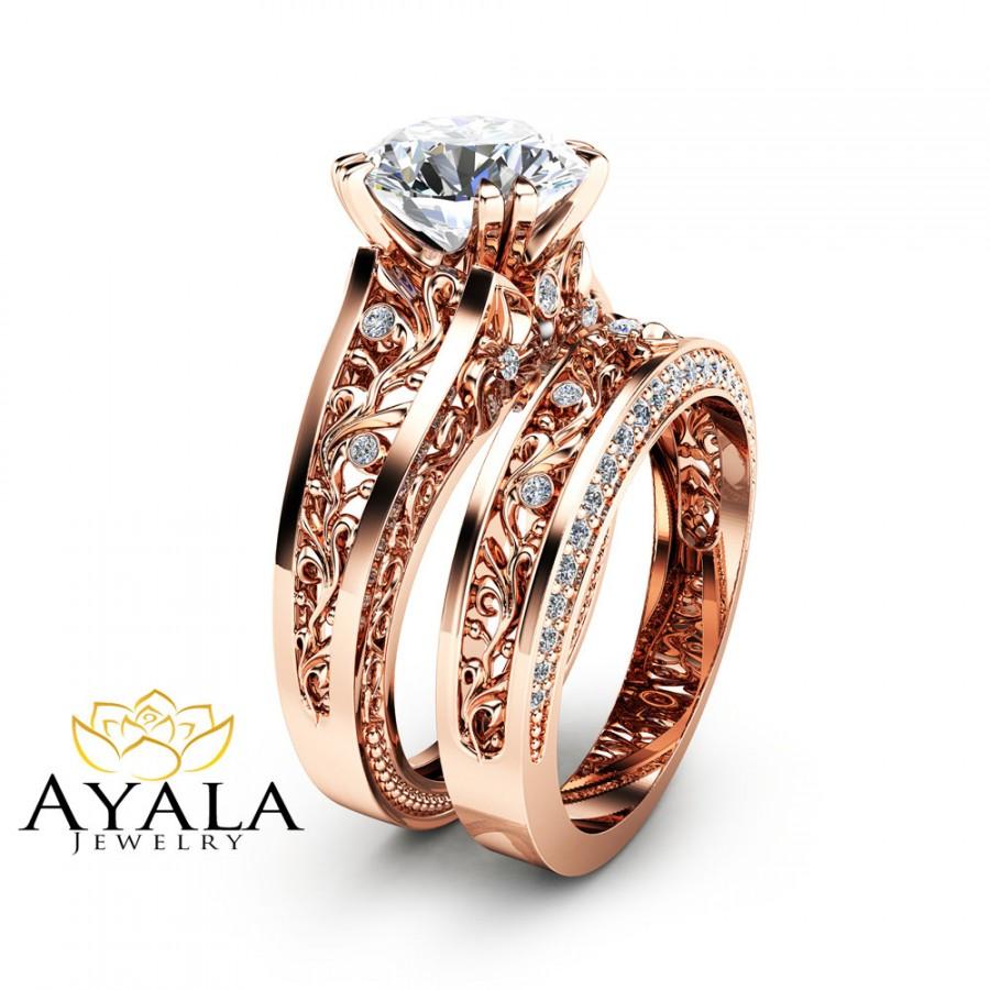 Rose Gold Moissanite Engagement Ring Set Unique 2 Carat Moissanite Ring