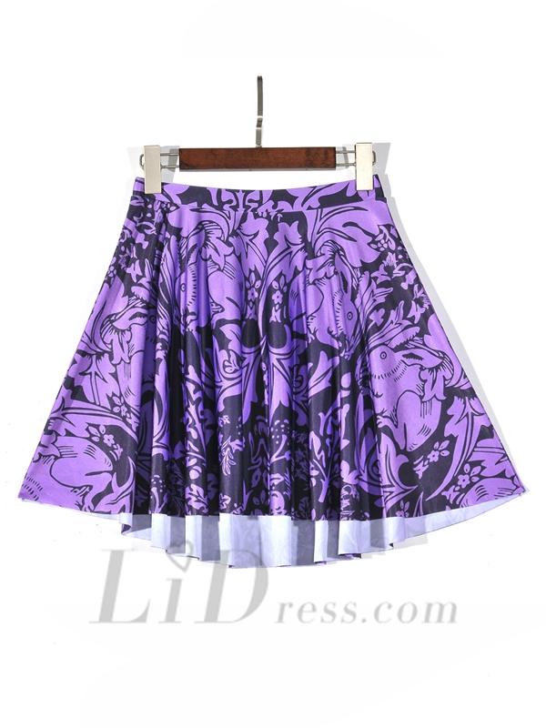 Wedding - New Hot Digital Printing Purple Rabbit Flowers Pleated Skirts Skt1211
