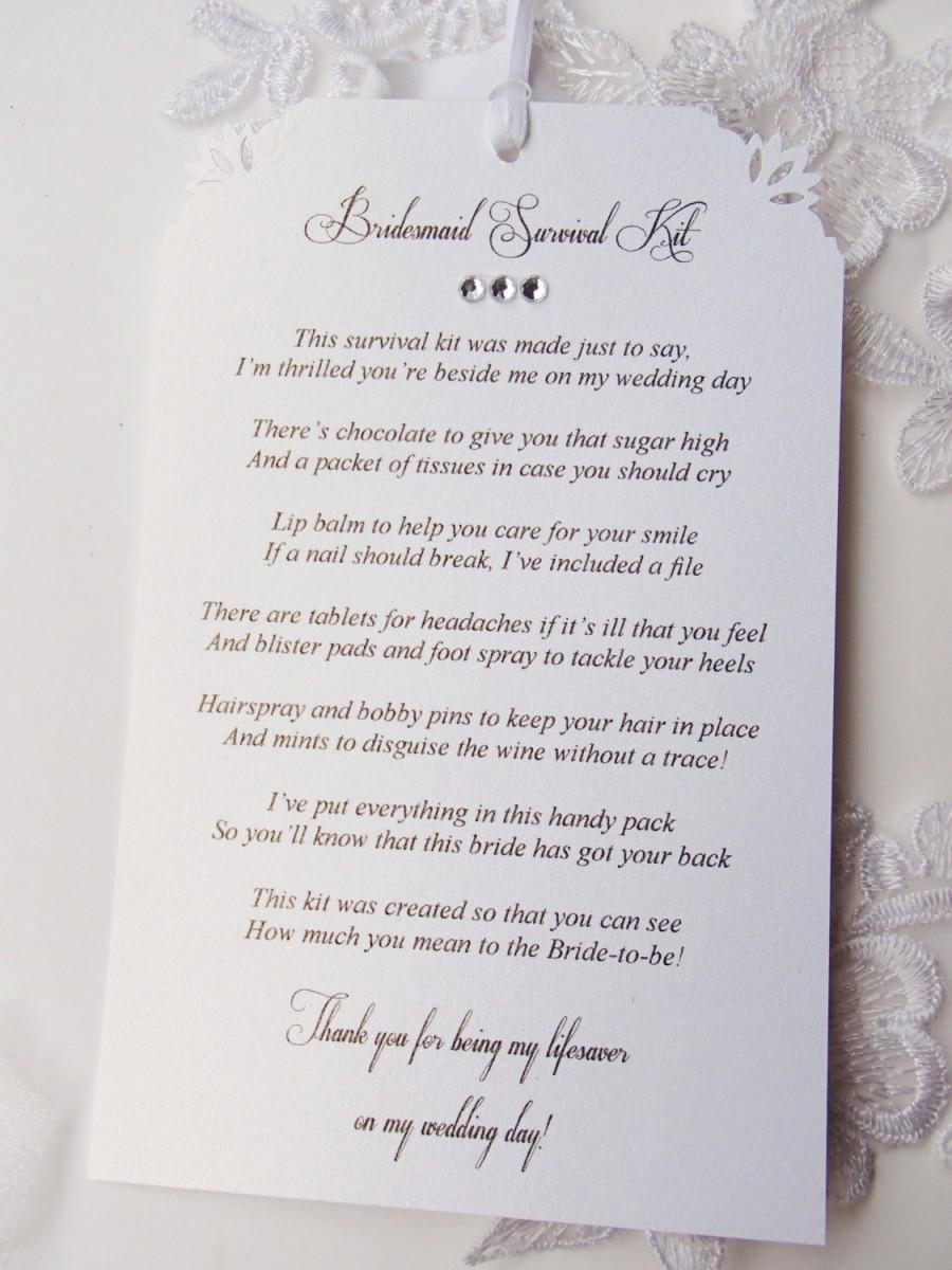 Wedding - Bridesmaid Survival Kit Tags on Shimmery Cardstock- Long Poem- One tag