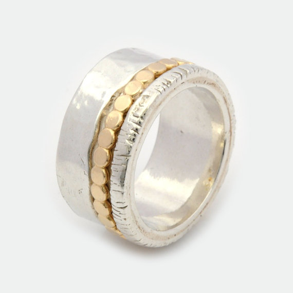 زفاف - Womens Spinner Ring - Chunky silver ring - Silver and gold Spinner Ring - Meditation Ring - Silver anxiety Ring - Fidget Ring - Worry Ring