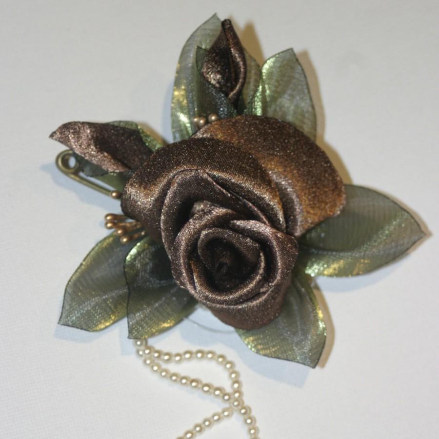 Wedding - Small Brown Satin Flower  Hair Clip  Brooch Pin Bridesmaid Accessory Wedding Barrette Satin Flower Floral Head Piece