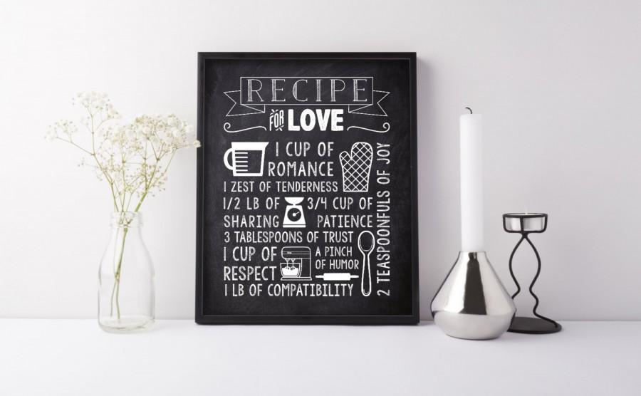 Hochzeit - Rustic Bridal Shower Decoration - Chalkboard Kitchen Wall Art Print - Kitchen Shower Recipe Display - Recipe for Love Bridal Shower Gift