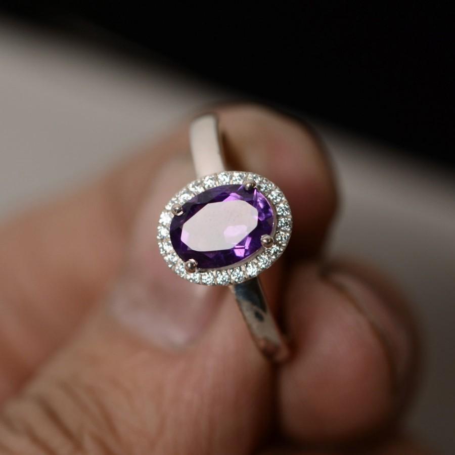 زفاف - Natural Amethyst Ring Oval Purple Gemstone Ring Sterling Silver February Birthstone Ring