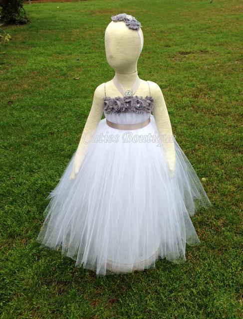 Wedding - White Tutu Dress With Gray Shabby Flowers Wedding Birthday Holiday Picture Prop 12, 18, 24 Month, 2T, 3T,4T 5T..Flower Girl Tutu Dress