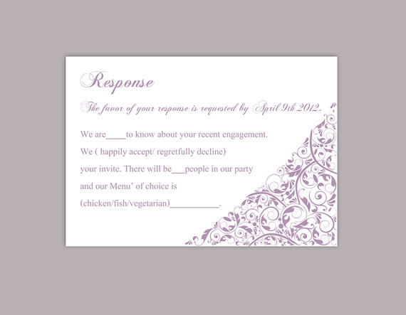 Hochzeit - DIY Wedding RSVP Template Editable Word File Download Rsvp Template Printable RSVP Cards Lavender Rsvp Card Template Elegant Rsvp Card