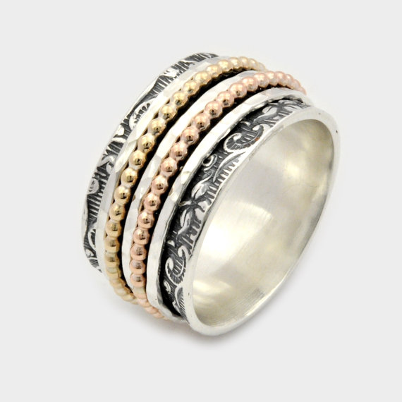 Wedding - Leaf Motif Spinner Ring, Silver Gold Spinner Ring, Five Band Spinner Ring, Leaf Spinner Ring , Meditation Ring, spinner ring for woman