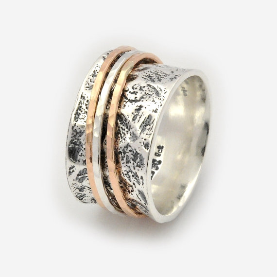 زفاف - Abstract spinner Ring, Three tone Wedding Ring, Abstract spinning Band, Unique Silver Wedding Band, Handmade Band, Silver Thumb Ring