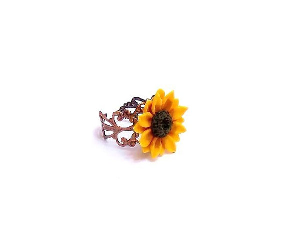 Wedding - Sunflower Ring, Adjustable Ring, Shabby Chic Cocktail Ring, Handmade Gifts Bridal Jewelry Bridesmaids Accessories