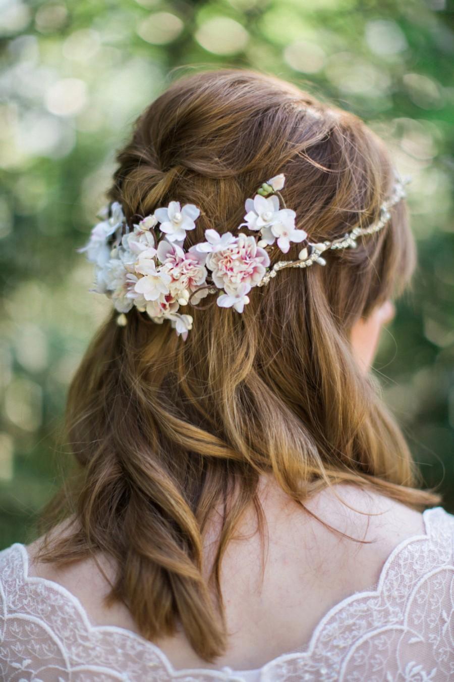 Hochzeit - bridal hair piece, bridal hair vine, ivory floral crown, bridal headpiece flower, floral hair accessory, ivory headband, crystal headpiece