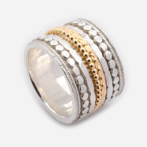 زفاف - Silver and Gold mix spinner ring - 16mm Extra wide Spinner - Spinning Ring - Worry ring - Anxiety rings - Alternative Silver wedding rings