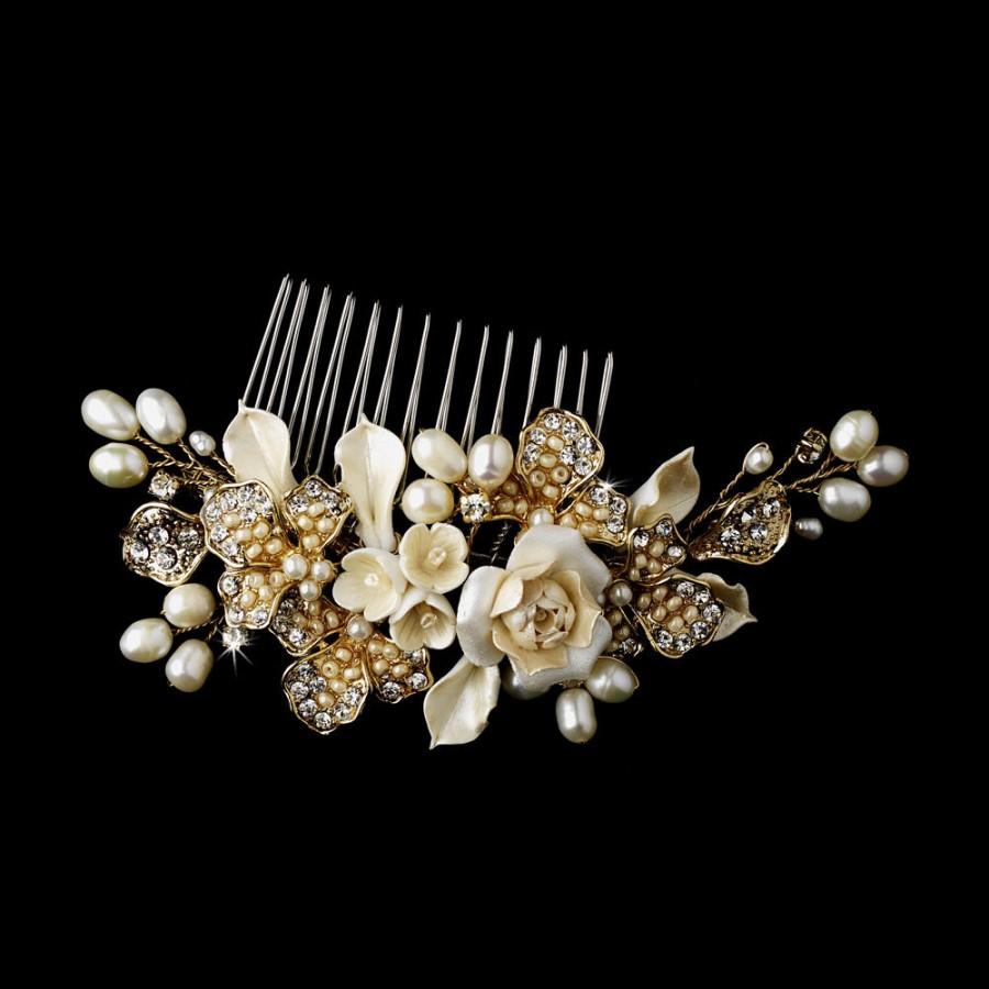Mariage - gold bridal comb vintage roses wedding hair comb pearl floral wedding hair accessories Downton Abbey wedding