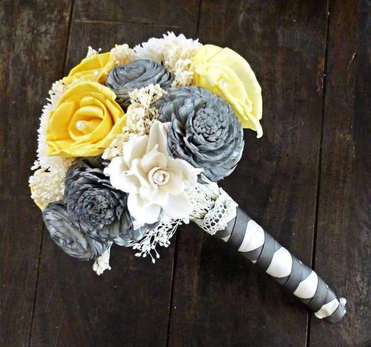 Mariage - Custom Handmade Wedding Bouquet -Yellow Gray Ivory Bridal Bouquet, Keepsake Bouquet, Elegant Wedding