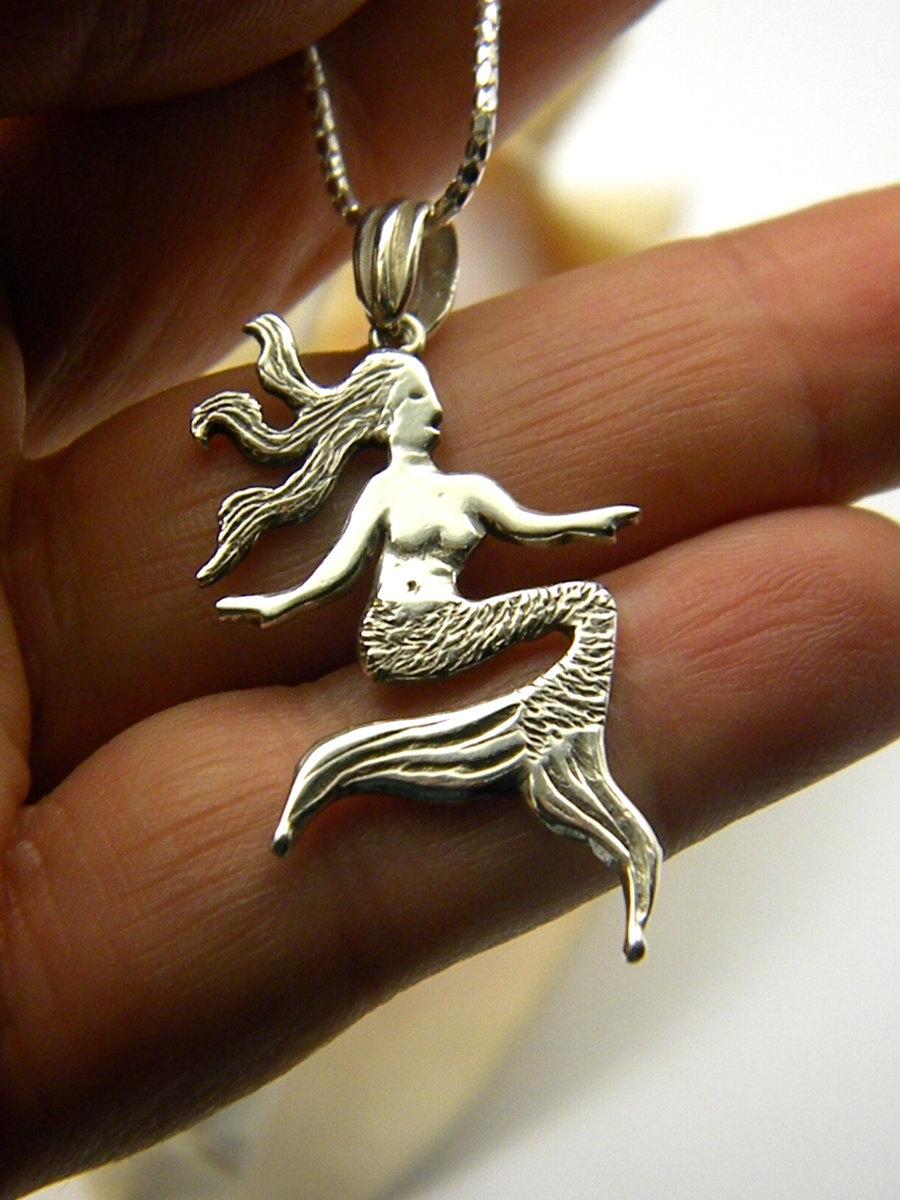 Hochzeit - Mermaid pendant in sterling silver mystical sea siren pendant, Water nymph mermaid big charm  imaginary creature beach pendant gift for her,
