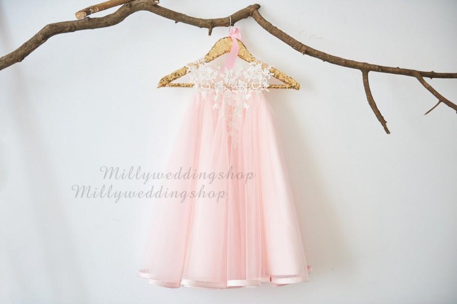 Wedding - Ivory Lace light pink Tulle Flower Girl Dress M0026