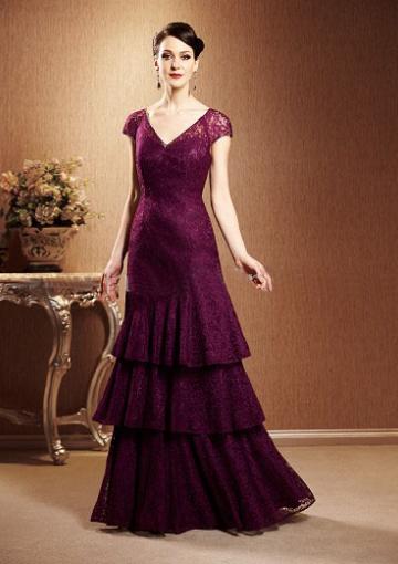 Mariage - V-neck Zipper Lace Short Sleeves Tiers Floor Length