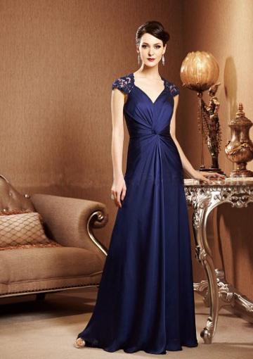 Mariage - V-neck Zipper Chiffon Tulle Appliques Floor Length Navy Cap Sleeves Ruched