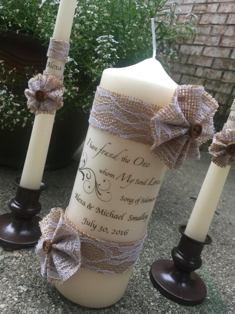 Wedding - Country Personalized Jute String, Burlap Rustic Wedding Unity Candle, leaves, flower, button, black & brown