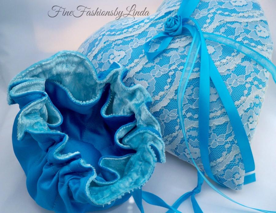 Wedding - Wedding Party, Ring Bearer Pillow, Heart Shape, Turquoise Satin, Bridesmaids Gifts, Flower Girl Purse, Jewelry Pouch
