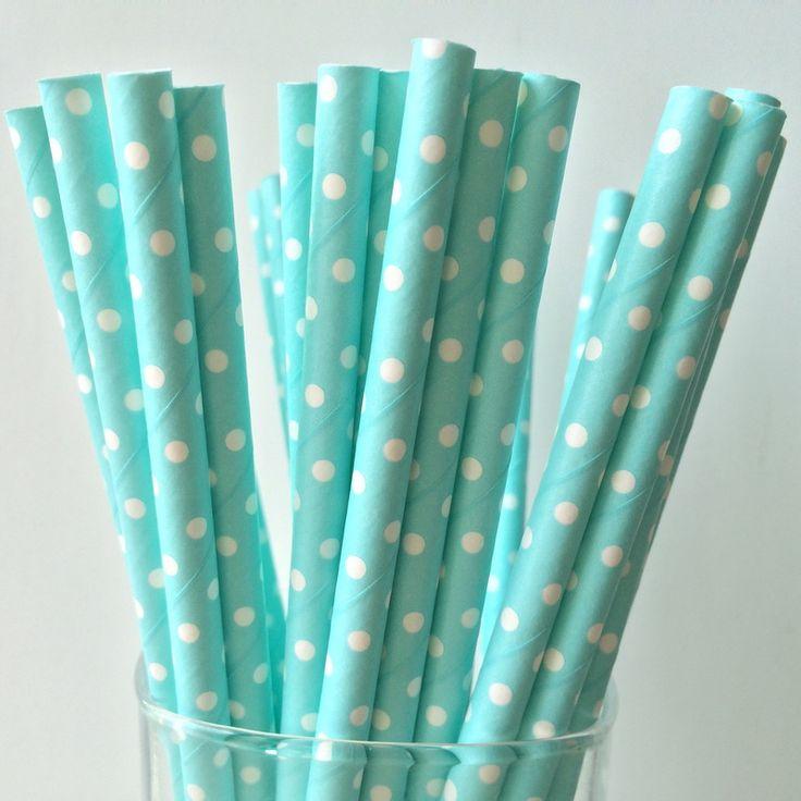 Mariage - 25pcs Light Blue Drinking Paper Straws With Little White Dots Wedding Decoration