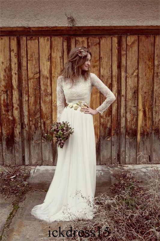 زفاف - Bohemian Lace Long Sleeve A Line Wedding Dress Bridal Gown Custom 6 8 10 12 14 +