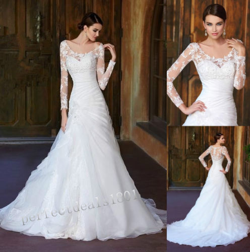 Wedding - New Long sleeves White Ivory Applique Organza Bridal Wedding Dresses Size6-12-16