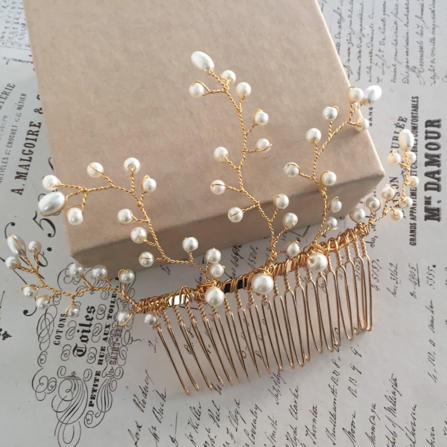 Hochzeit - Pearl hair comb- gold bridal accessories - gold hair comb- bridal hair comb-wedding hair accessories. Rustic wedding