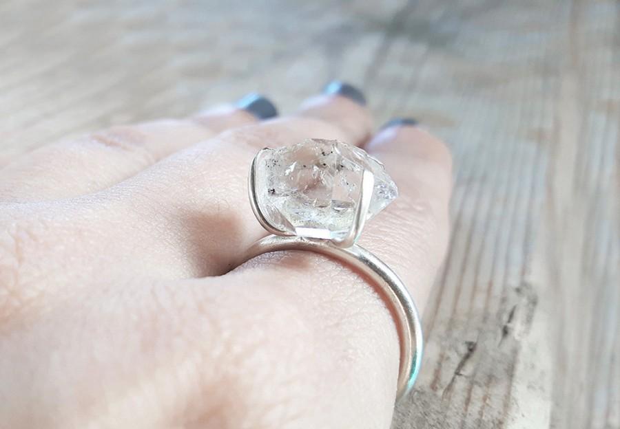 Wedding - Raw herkimer diamond and sterling silver solitaire cocktail ring, Big Rough Quartz crystal ring, Organic handmade jewelry