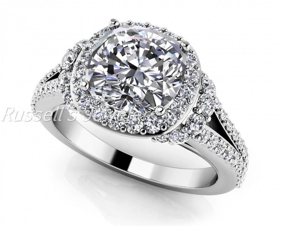 زفاف - Beautiful 1.25 carat Forever Brilliant Cushion Cut Moissanite center gemstone & diamond 14 karat gold engagement ring or diamond semi mount