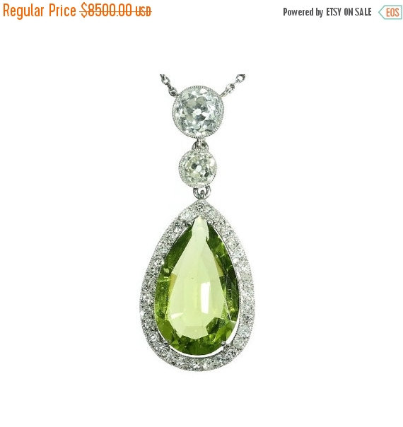 Mariage - Summer Sale Pear Peridot Pendant Diamond Platinum Necklace Art Deco c.1920
