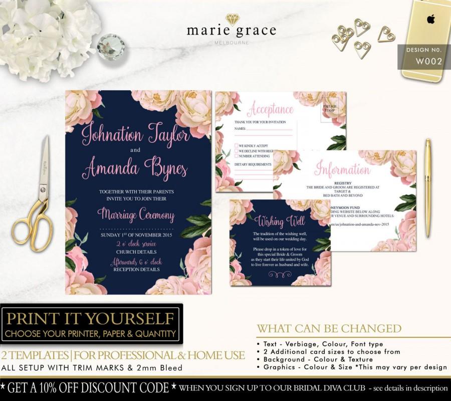 Wedding - Printable Wedding Invitations, Navy, Printable Invitations, Floral