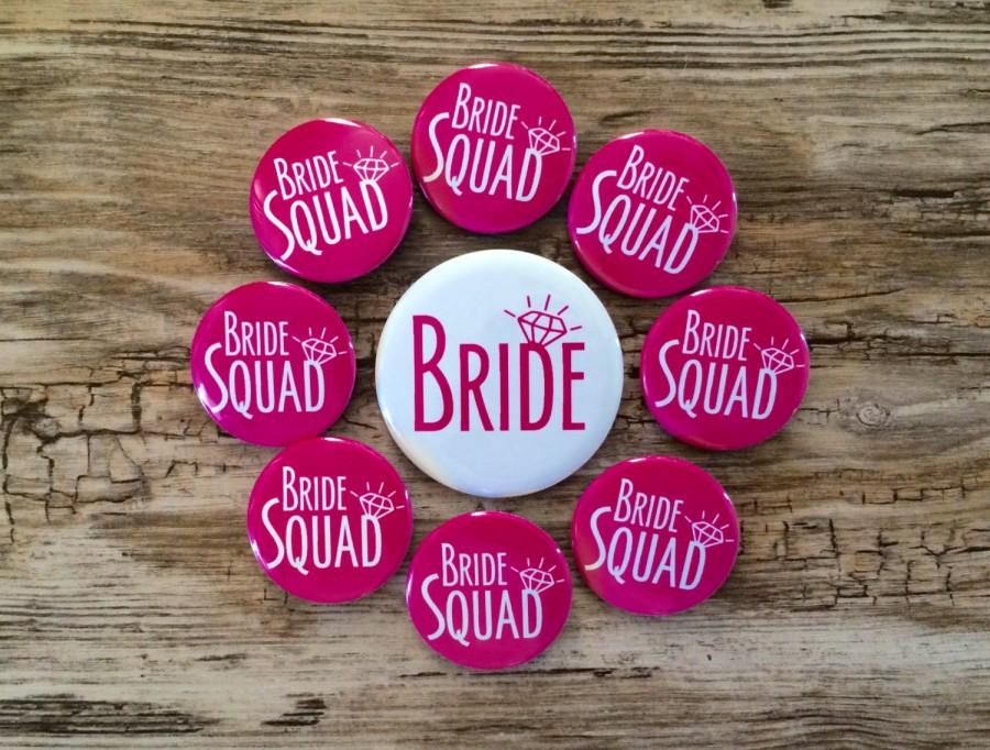 Wedding - Bride Squad Pins, Bachelorette Party, Hen Night Badges, Bride Button, Hot Pink, Last Fling, Bright White, Classy Bridal Shower, Magnet Back
