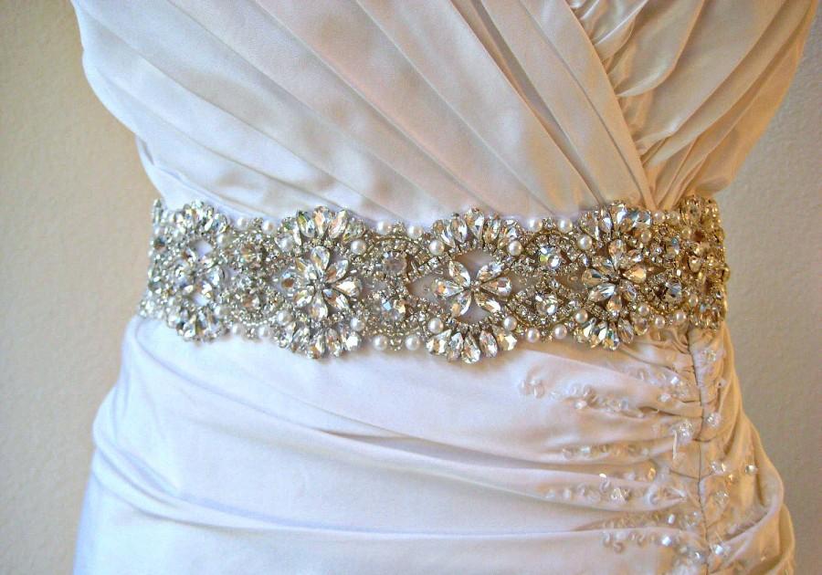 Wedding - Bridal Crystal & Pearl Luxury Sash.  Vintage Style Rhinestone Embellished Wedding Belt. DUCHESS