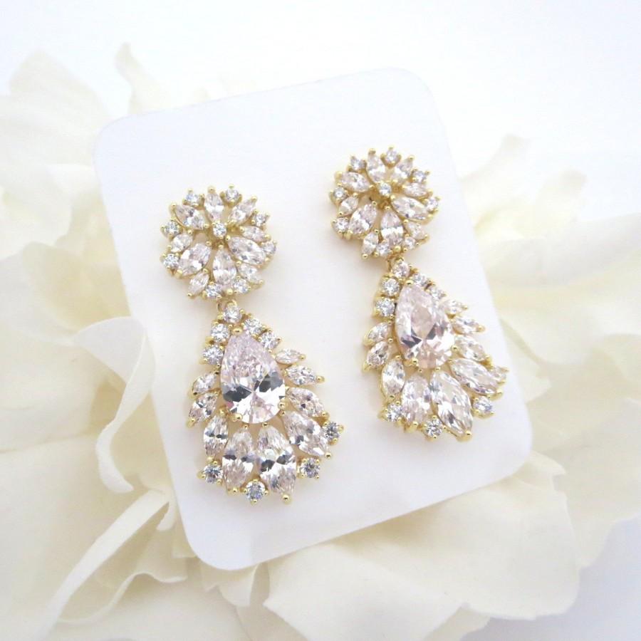 Mariage - Gold Rhinestone earrings, Crystal Bridal earrings, Chandelier earrings, Wedding jewelry, CZ Wedding earrings, Bridal jewelry, Bridesmaid