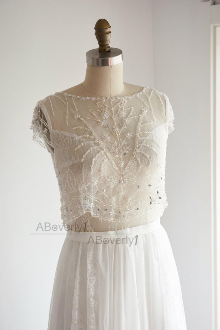 Mariage - Boho Beach Sheer Illusion See Through V Back Beaded Lace Chiffon Wedding Dress Bridal Gown